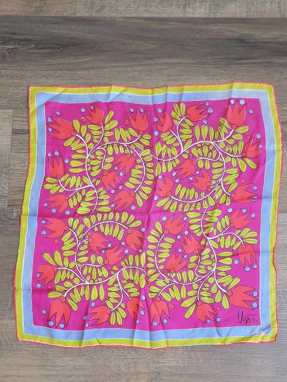 Scarves By Vera  Pink & Lime Floral Silk Square Scarf Vintage 21" X 21"